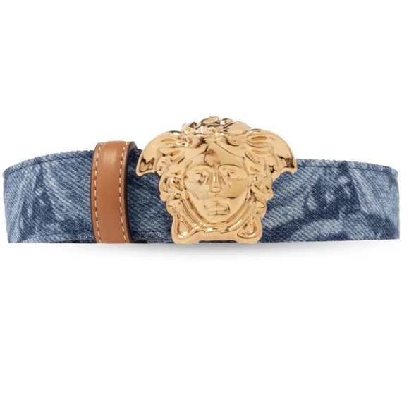 NEW VERSACE LA MEDUSA GOLD BUCKLE BAROCCO DENIM Leather Jean Belt 75/30 Medium - Picture 2 of 15